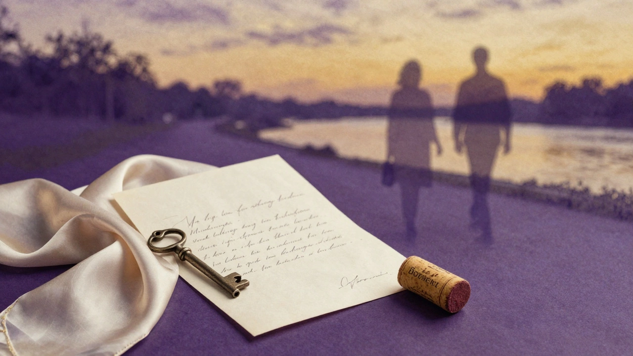 A handwritten letter, wine cork, and key on silk, with blurred figures walking by the river at sunset.