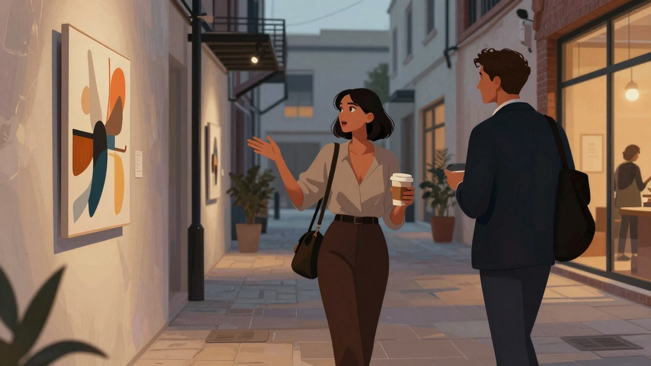 A woman and man exploring an art gallery in Alserkal Avenue, engaged in thoughtful conversation.