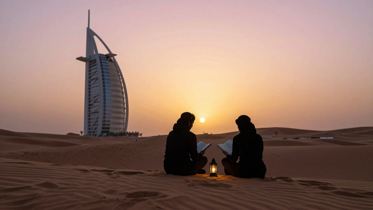 Silhouettes sitting together at a desert sunset, sharing silence and a moment of connection.